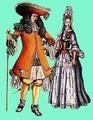 1693 г. Офицер дворцовой гвардии и дама с головным убором "фонтань"